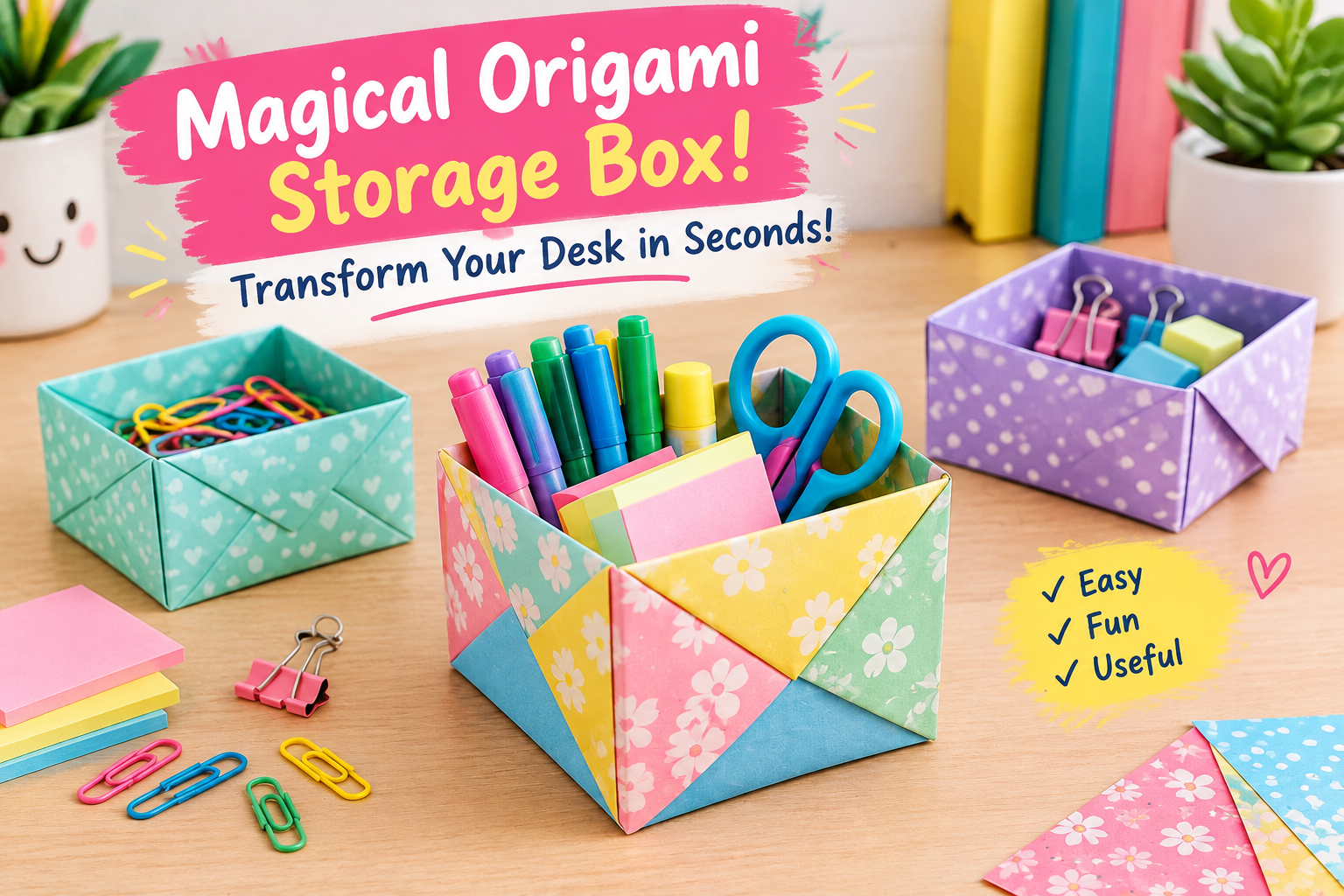 # Magical Origami Storage Box! Transform Your Desk in Seconds! Do you want to organize your desk while adding a touch of creativity to your workspace? This magical origami storage box is a simple, beautiful, and budget-friendly DIY project that turns an ordinary sheet of paper into a useful organizer. Whether you need a place for paper clips, erasers, sticky notes, jewelry, or other small items, this handmade paper box is a fun solution. The best part? You don't need expensive supplies, special tools, or advanced crafting skills. With a few folds and a little patience, you can create your own origami storage box in minutes. This easy paper craft is perfect for students, children, teachers, and anyone who enjoys creative DIY projects. Choose colorful paper to match your room, make several boxes in different sizes, and transform a cluttered desk into a neat and attractive workspace. ## Why You'll Love This Origami Storage Box Origami is the traditional Japanese art of paper folding. It transforms flat sheets of paper into useful objects and beautiful designs without requiring complicated equipment. Here are a few reasons to try this project: - **Affordable and easy:** You only need paper and a flat working surface. - **Space-saving:** Store small everyday items neatly in one convenient place. - **Customizable:** Choose colors, patterns, and paper sizes that suit your style. - **Beginner-friendly:** The basic folding technique is suitable for people who are new to origami. - **Eco-friendly:** Reuse suitable sheets of paper or leftover craft paper. - **Fun for all ages:** Make it a relaxing solo activity or a creative family project. Unlike plastic desk organizers, a handmade origami box can be customized whenever you want a new look. You can create a coordinated set using matching paper or mix bright colors for a playful design. ## Materials You'll Need Before starting, gather these simple supplies: - One square sheet of paper - A ruler (optional) - A flat table or desk - Decorative markers or stickers (optional) For beginners, square origami paper measuring approximately 6 × 6 inches is a good starting point. Lightweight paper folds easily, while slightly thicker paper can create a sturdier box. Avoid paper that is too thick, as it may be difficult to fold neatly at the corners. ## How to Make a Simple Origami Storage Box Follow these easy steps to make your own paper organizer. Take your time with each fold because accurate creases help the finished box hold its shape. ### Step 1: Start With Square Paper Place your square sheet of paper on a flat surface. If you're using colored paper, decide which side you want to show on the outside of the finished box. Smooth the paper with your hand to remove any wrinkles. ### Step 2: Fold the Paper in Half Fold the paper in half horizontally, bringing one edge to meet the opposite edge. Press along the fold to create a clear crease. Unfold the paper and repeat vertically. Open it again so you can see the crease lines crossing in the center. These lines will help guide the next folds. ### Step 3: Fold the Corners Toward the Center Bring each of the four corners toward the center point where the creases meet. Press each fold firmly. Your paper should now look like a smaller square. Make sure the corners meet neatly in the middle for a balanced shape. ### Step 4: Fold the Edges Inward Fold the top and bottom edges toward the center line. Crease them carefully, then unfold them. Repeat the same process with the left and right edges. These folds create guidelines that will help you shape the sides of the box. ### Step 5: Open Two Opposite Sides Unfold the top and bottom flaps while keeping the left and right corner sections folded toward the center. Lift one of the remaining folded edges upward to form a wall. Use the existing crease lines to guide the paper into position. Repeat on the opposite side. ### Step 6: Shape the Box Corners Fold the exposed triangular sections inward to form the ends of the box. Bring the raised walls into position and tuck the triangular flaps neatly against the inside of each wall. Adjust the paper gently until the box begins to hold its shape. If the corners feel loose, press the creases again to help them stay in place. ### Step 7: Finish and Decorate Check that all four sides are upright and the base is reasonably flat. Carefully adjust the corners and smooth the bottom. Your origami storage box is ready! Decorate it with stickers, small drawings, or colorful patterns if you like. You can also make a second box to use as a matching lid, adjusting the paper size slightly to help it fit over the first box. **Crafting tip:** Origami box designs vary, and some require a different folding sequence. If a fold doesn't match your paper's shape, return to the previous step and check the creases before continuing. ## Creative Ways to Use Your Origami Box Once you've made your first box, you'll discover plenty of practical ways to use it around your home. ### 1. Organize Your Desk Keep paper clips, erasers, rubber bands, pushpins, and other small office supplies together. Make several small boxes to separate different items. ### 2. Store Jewelry and Accessories A decorative paper box can hold lightweight earrings, rings, hair clips, and other small accessories. For valuable jewelry, choose a more secure storage option. ### 3. Create a Study Station Students can use origami boxes to organize sharpeners, sticky notes, flashcards, and other study essentials. Make one box for each category to keep your study space tidy. ### 4. Make a Handmade Gift Box Choose beautiful patterned paper to create a small box for a handmade gift, a note, or another lightweight item. A handmade container adds a personal touch to birthdays, celebrations, and other special occasions. ### 5. Organize Your Craft Supplies Use the boxes to separate beads, buttons, paper decorations, and other lightweight craft materials. Label each box so you can find what you need quickly. Keep in mind that paper boxes are not waterproof and are best suited to dry, lightweight items. ## Tips for Making a Stronger Origami Box Want your storage box to look neat and last longer? These simple tips can help. - **Choose suitable paper:** Medium-weight paper offers a good balance between easy folding and durability. - **Make sharp creases:** Press each fold firmly with your fingertips or a ruler. - **Keep the folds symmetrical:** Align the edges and corners carefully. - **Use larger paper for bigger items:** A larger starting square creates a larger box, although the finished dimensions depend on the folding design. - **Reinforce the base:** For extra support, place a small square of cardboard inside the bottom. - **Keep it dry:** Moisture can weaken paper and distort the box's shape. If you're crafting with children, let them choose their favorite colors and decorate their finished boxes. Younger children may need help with precise folds. ## Fun Variations to Try After mastering the basic design, experiment with different styles. **Colorful origami boxes:** Use bright colors to create a cheerful desk organizer. **Patterned paper boxes:** Choose floral, geometric, or illustrated paper to match your workspace. **Mini storage boxes:** Start with smaller sheets to make tiny containers for lightweight items. **Matching box sets:** Make several boxes in different sizes to organize a drawer or desk. **Origami gift boxes:** Use elegant paper and coordinated colors for a handmade presentation. You can also challenge friends or family members to create their own designs and compare the results. ## Frequently Asked Questions ### How long does it take to make an origami storage box? A simple box usually takes around 5–15 minutes, depending on your experience and the folding design. ### Can beginners make an origami box? Yes! Basic origami boxes are suitable for beginners. Start with a straightforward design, use square paper, and make each crease carefully. ### What type of paper works best? Standard origami paper is an excellent choice. Lightweight construction paper or other medium-weight craft paper may also work, provided it folds neatly. ### Can I make the box without glue? Yes. Traditional origami relies on folding rather than glue. However, some variations use a small amount of adhesive to reinforce corners. ### Is an origami box strong enough for heavy items? No. A paper box is best for lightweight objects such as paper clips, erasers, and small accessories. Use a sturdier container for heavier items. ### Can I make a lid for my origami storage box? Yes. Make a second box using a slightly larger square of paper so it can fit over the first one. The exact size difference depends on your paper thickness and folding pattern. ## Final Thoughts This magical origami storage box proves that a simple sheet of paper can become something practical and beautiful. With a few careful folds, you can create a personalized organizer that helps keep your desk tidy without spending money on expensive storage products. Whether you're making one box for your study supplies or creating a colorful collection for your workspace, this DIY project is an easy way to combine creativity and organization. Gather your favorite paper, follow the folding steps, and enjoy transforming your desk one little box at a time! **Ready to try it?** Make your own origami storage box and share your favorite colors or patterns in the comments. Save this idea for your next creative afternoon! #Origami #PaperCrafts #DIY #DeskOrganization #StorageIdeas #EasyCrafts #Handmade #CreativeCrafts #OrigamiBox #DIYProjects